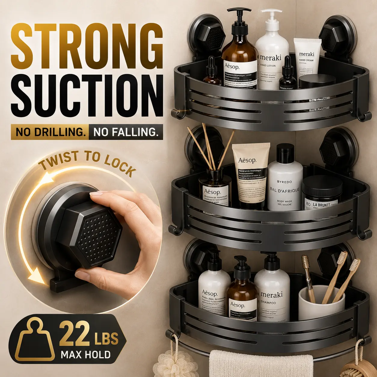 Shower Caddy Suction Cup 3 Pack, Corner Shower Shelf No Drilling, Rustproof Metal Shower Organizer with Hooks, Removable Bathroom Shelves for Inside Shower, Wall Mounted Storage Rack for Tile Glass Marble