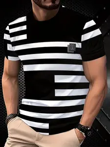Men's Simple Short Sleeve T-Shirt, Striped Design, Casual Fit, Fitted, Breathable, Streetwear, Perfect for Daily Wear, Parties, Events