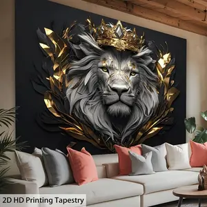 1PC,2D Flat Luxury Black Gold Crown Lion Tapestry, Artistic Stereo Printed Wall Hanging, Living Room Bedroom Wall Decor, Home Soft Decoration & Photography Backdrop, HD Printing, Unique Design,