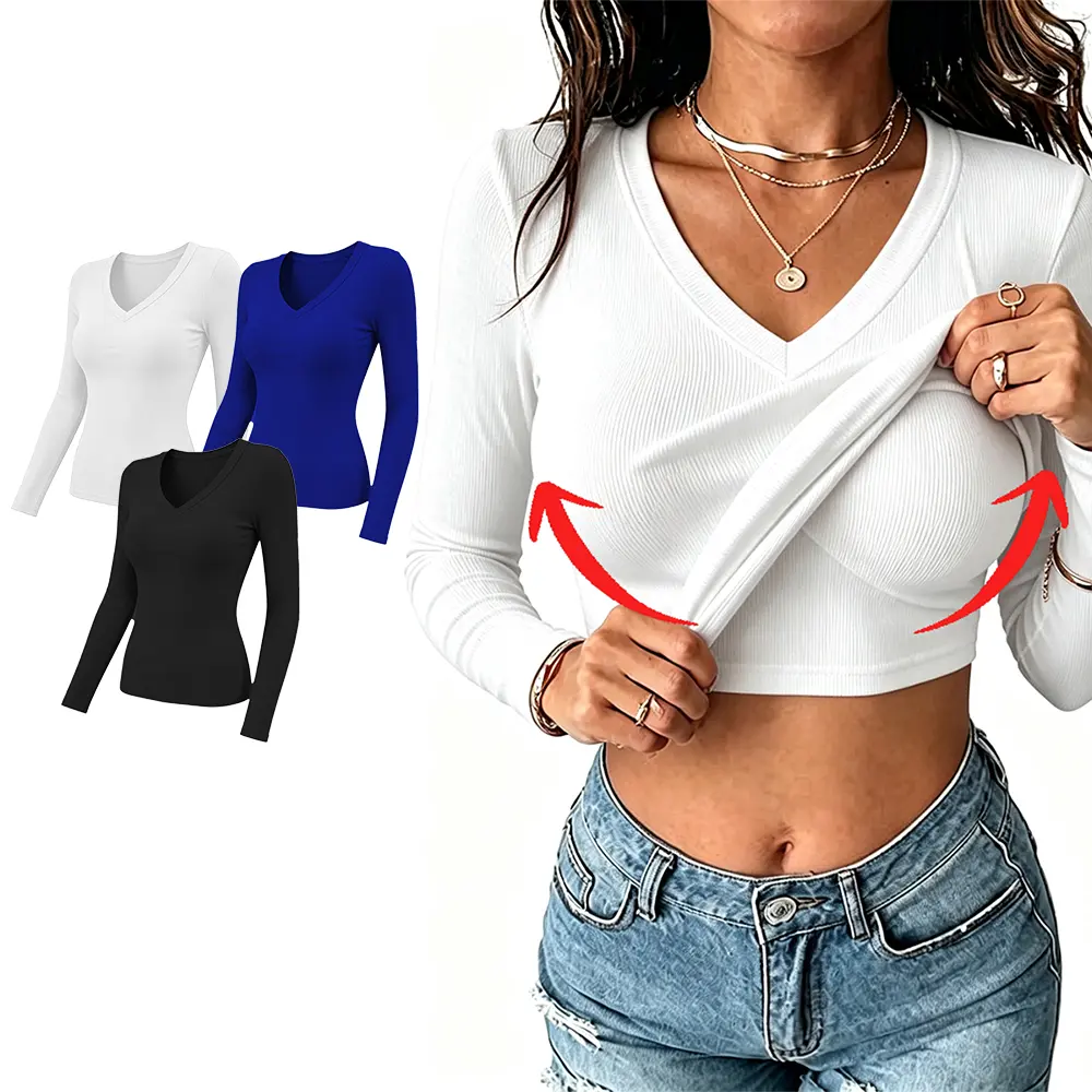Buy 2 Get 1 Free Womens Long Sleeve Built in Bra Tops V Neck Slim Fitted T Shirts