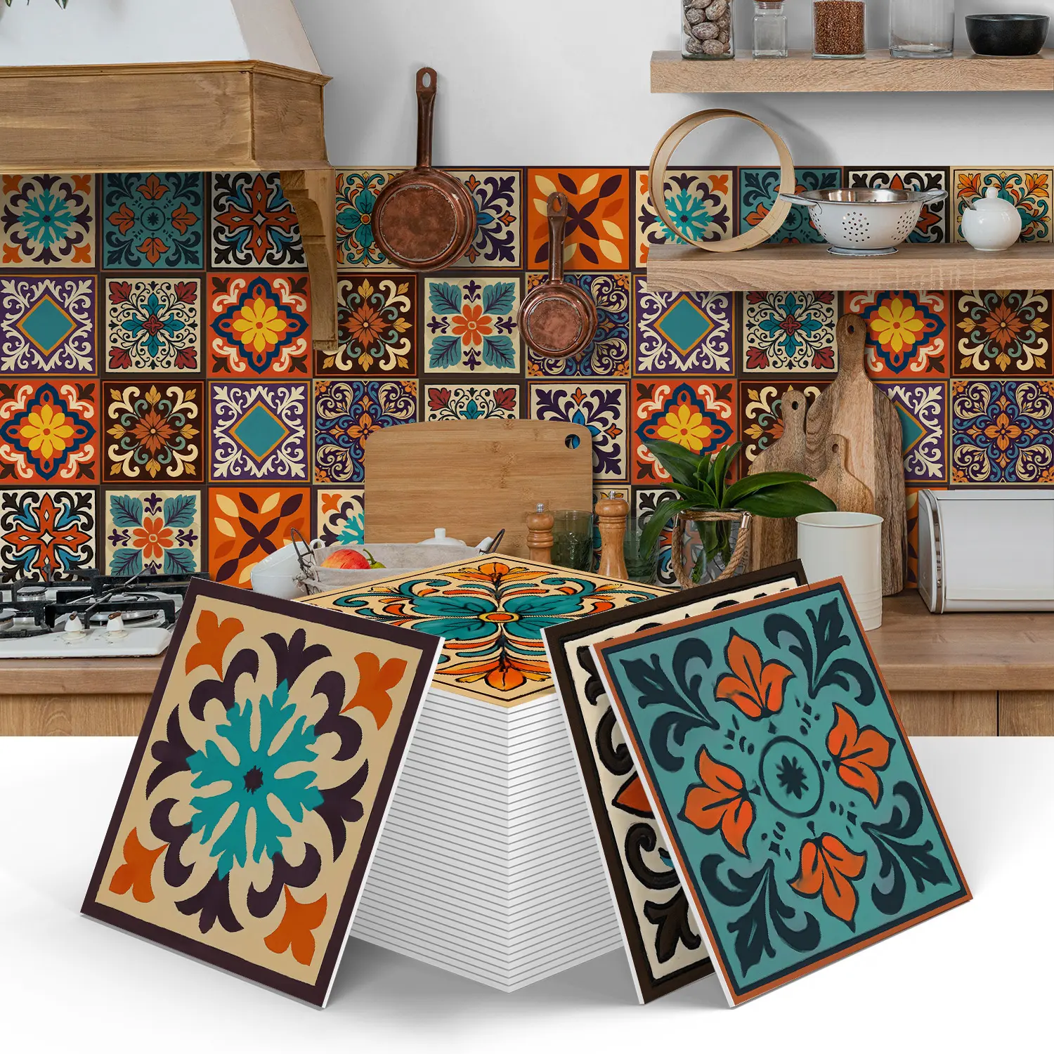 Bohemian Style Art Tile Stickers, 12/24pcs Decorative Removable Adhesive Stickers, Wall Stickers, Sticker Tiles, No Residue, Easy Maintenance, Seamless Splicing, Home Decor, Bohemian Aesthetic, Artistic