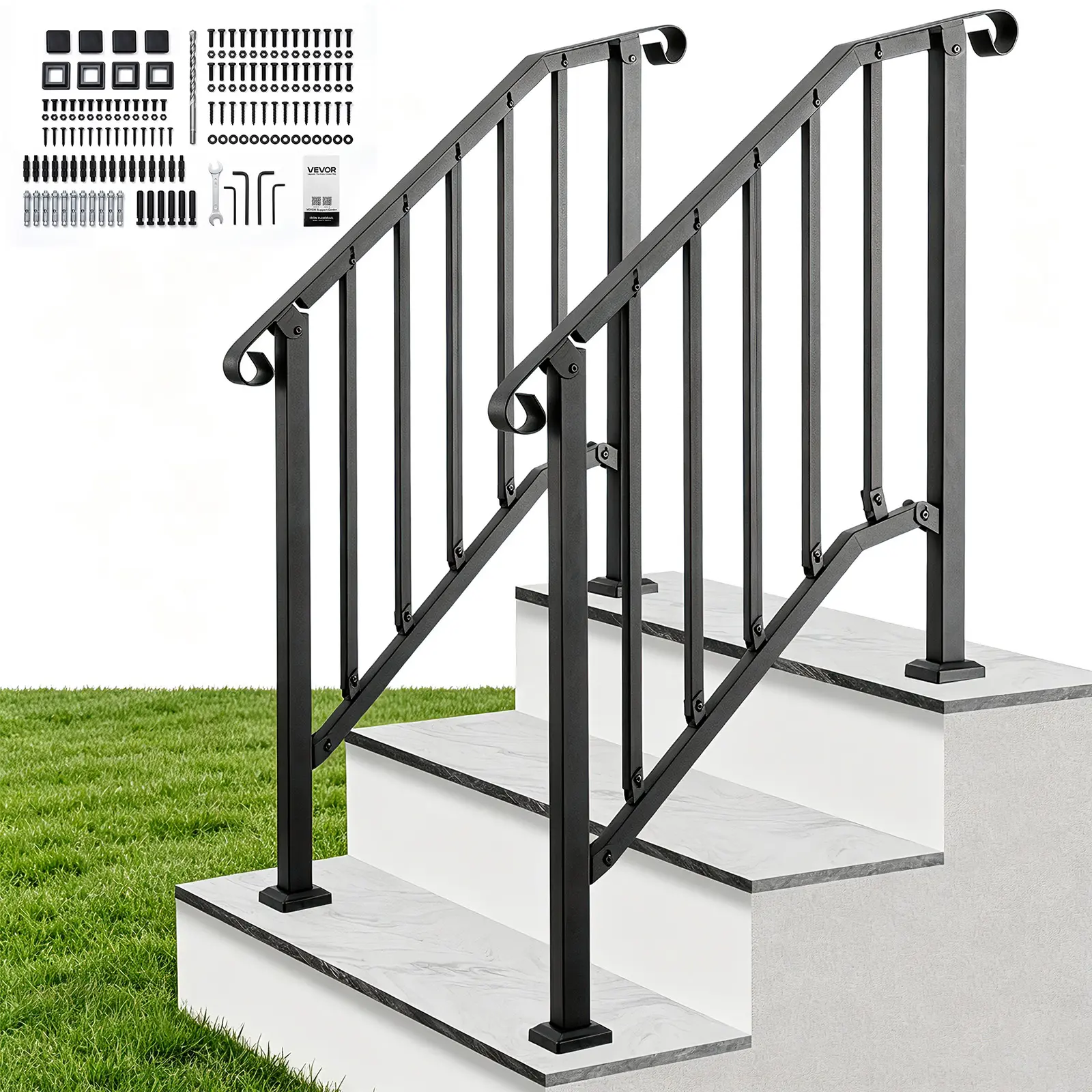 VEVOR Outdoor Step Handrails, 2-Pack Heavy-Duty Steel Retro Arch Kit Fits 2-3 Steps, Black Rail for Seniors, Concrete Surfaces, Porch & Deck with Installation Kit