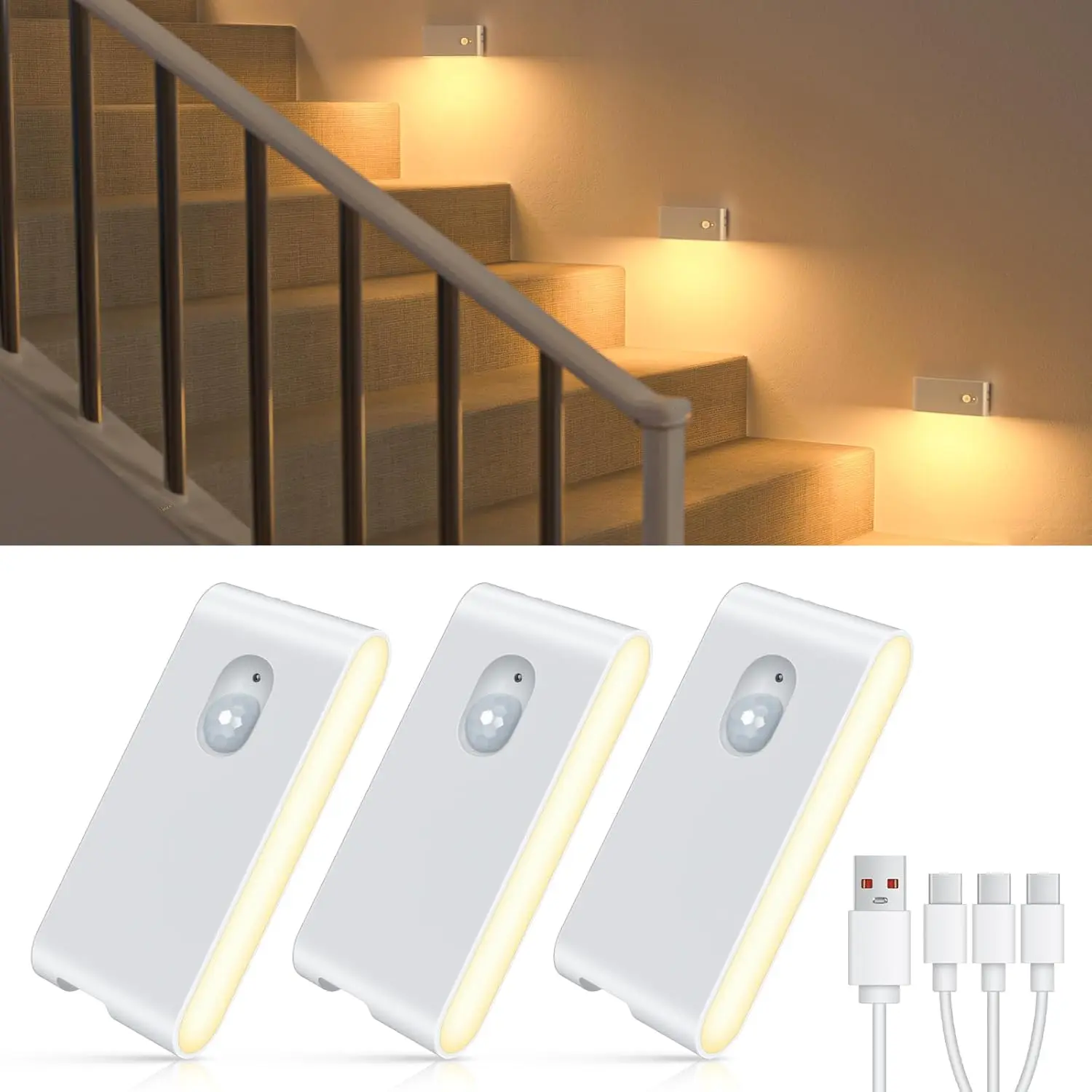 Motion Sensor Night Light, Rechargeable Stair Lights Indoor, Warm White Motion Sensor Light Indoor, Battery Operated Night Light for Hallway, Stairway, Bathroom, Bedroom, Kitchen, 3 Pack