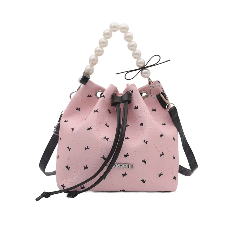LisiZen Cute Pearl Handle Bucket Bag for Women, Embossed Fabric Drawstring Shoulder Bag with Bow Detail, Embossed Crossbody Bag crossbody bags for women Adjustable Strap Satchel