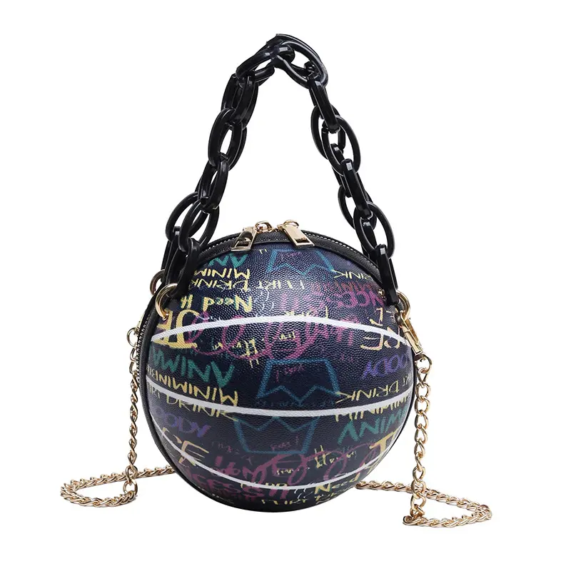 Women's Acrylic Basketball Handbag - Patterned Graffiti Crossbody Bag with Letter Detail, Chain Strap for Sports, Outdoor Leisure Use, Fashionable, Graphic, Versatile