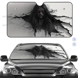 Car Sunshade Black Ghost Woman With Red Eyes And Cracked Background Design | Polyester Fiber, Universally Applicable for Car Windshield Protection, Sun Shade For Car Window