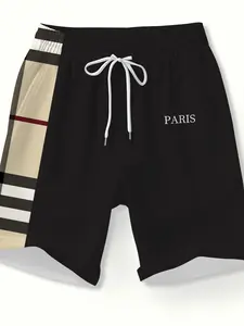 Classic Plaid Colorblock Drawstring Shorts, Men's Quick-Dry Breathable Casual Half-Length Pants, European Style Paris Letter Beach Pants