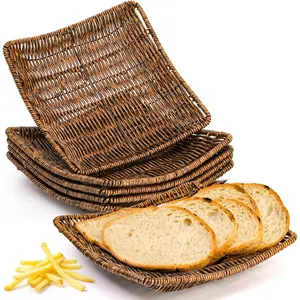 6 Pack Imitation Wicker Bread Baskets, 9 x 9 Inch Square Bread Baskets for Serving   Baskets Fruit Baskets  Baskets for Breakfast, Snacks , Restaurant, Bakery Tabletop, Brown