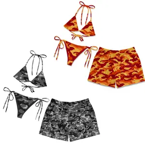 Camo Matching Couple Swimwear Set, Red Grey Camouflage Print Triangle Bikini & Men Swim Shorts, Perfect Gift for Couples