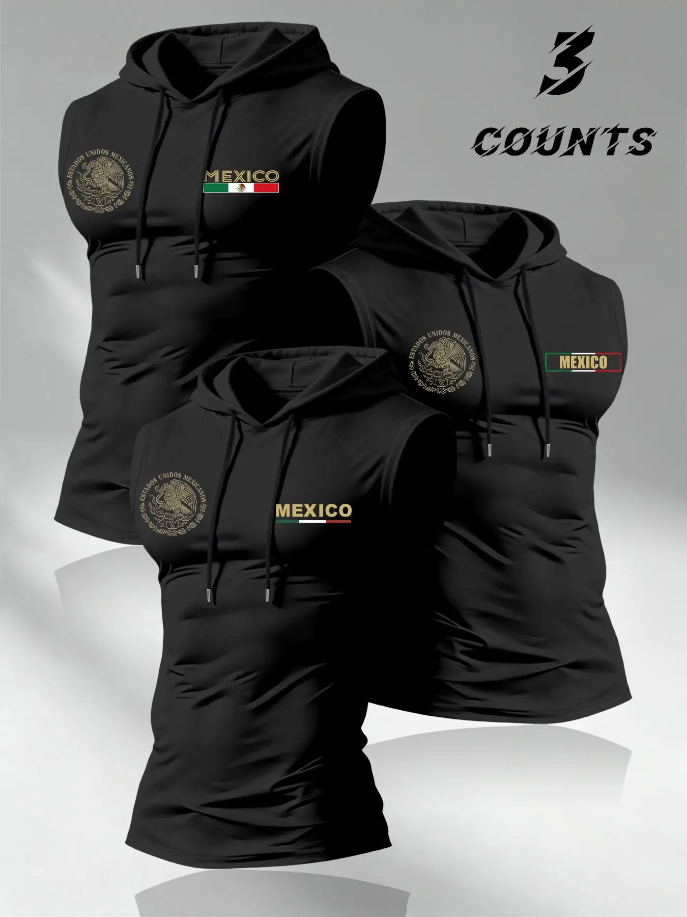 Mexico Theme Fitted Sleeveless Hooded Sporty Tank Top 3-Pack, Patriotic Style for Daily Wear, Streetwear, Sports Events, Trendy Fashion, Casual Sporty Vest, Sleeveless Sports Tops, Activewear Sleeveless