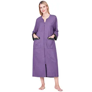 PAVILIA Premium Womens Robe Housecoat, 3/4 Sleeves Zip Up Nightgown For Women Pockets, Soft Bathrobe Zipper Loungewear Dress