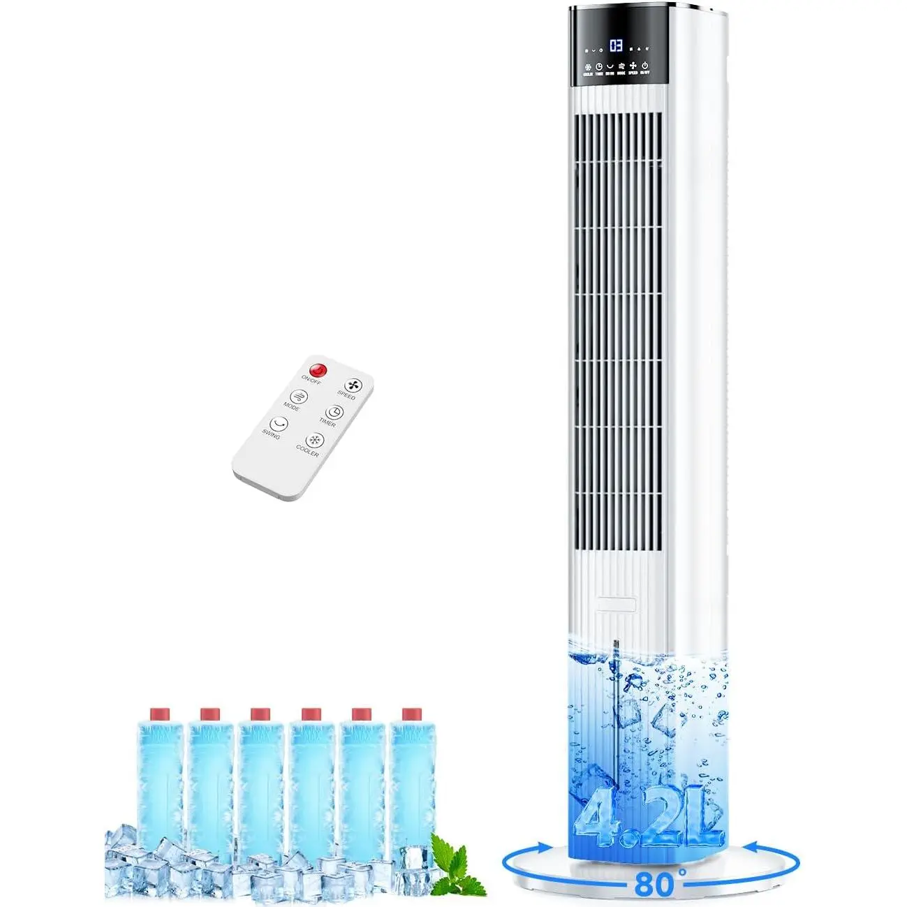 42-Inch Portable Swamp Cooler AC Unit - 4 Modes, 3 Speeds, 15H Timer, Aroma & Memory Functions, No Window Needed, 6 Ice Packs, 1.1-Gal Dual Tank for Room, Stay Cool and Comfortable All Day