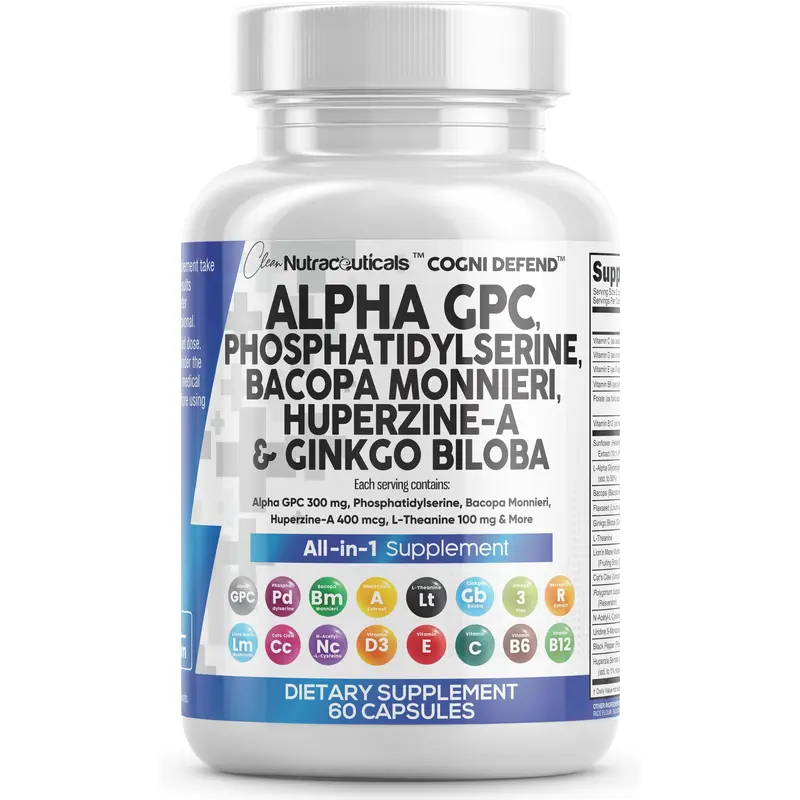 Clean Nutraceuticals Alpha GPC, Phosphatidylserine, Bacopa Monnieri, Huperzine-A, Ginkgo Biloba & More for Brain Booster Supplement Capsules – Cogni Defend