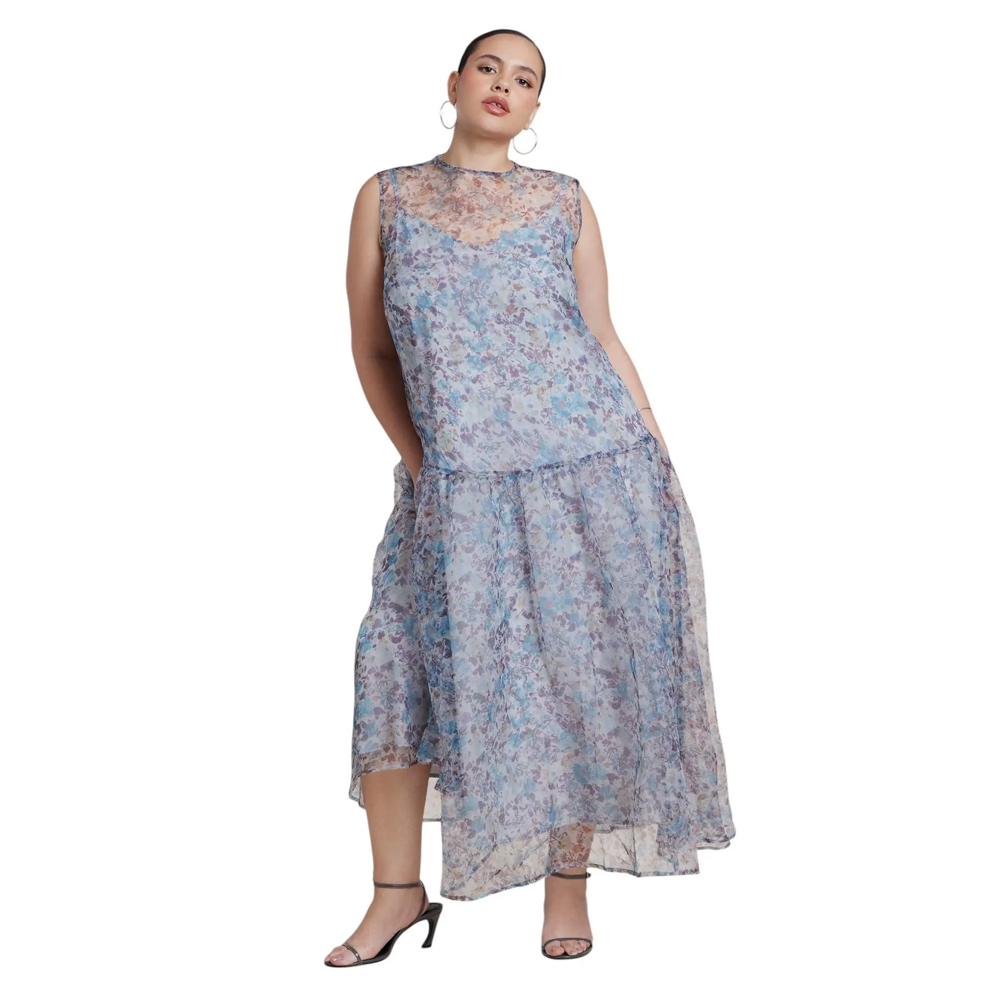 ELOQUII Women's Plus Size Printed Organza Drop Waist Midi Dress
