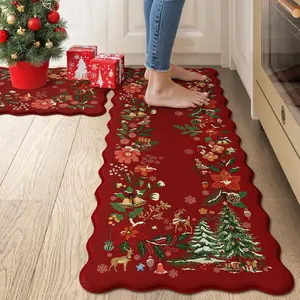 Christmas Anti  Mats for Kitchen Floor, Xmas Tree Scalloped Kitchen Rugs Sets of 2  Padded Floral Rug, Memory  Comfort Standing Mat Non Slip for Office, Sink, Laundry, Red