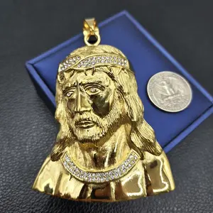 Large 18K Solid Gold Plated Stainless Steel Portrait of Jesus Religious Charm Cubic Zirconia Pendant Jewelry With Chain