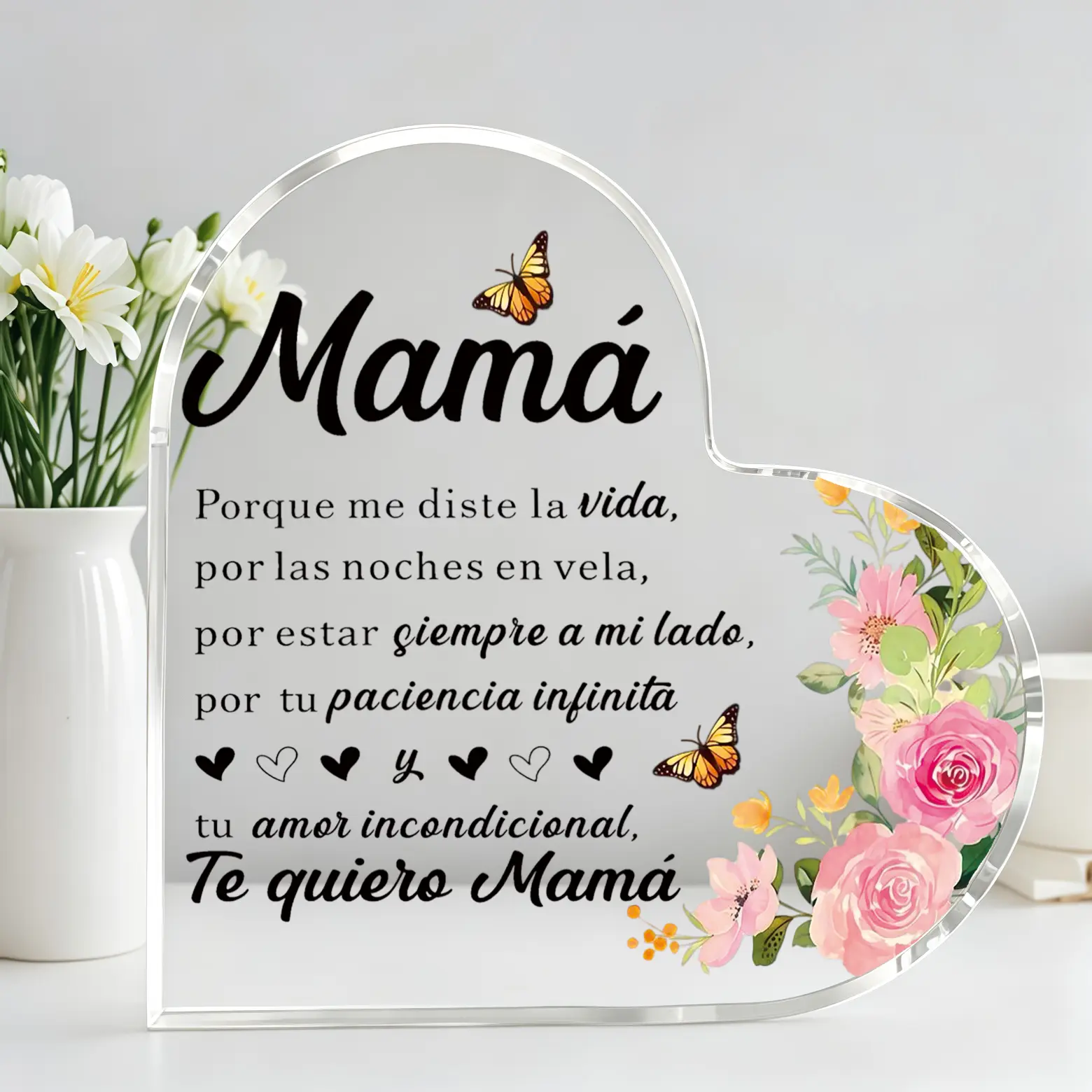 Acrylic Heart-Shaped Mama Desk Plaque, Floral Butterfly Table Sign, Gracias Mamá Love Keepsake, Ideal Mother's Day Birthday Gift for Mom Home Decor