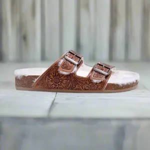 Myra Hand Tooled Leather Sandals - The Fur Lined Prairie Winds