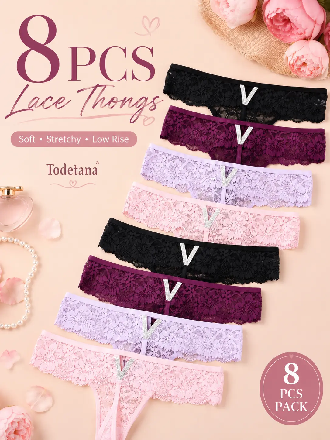 8 Pack Women’s Sexy Lace G-String Thongs, Sheer Breathable Sexy Knicker, Panties, Ladies Lingerie Underwear for Everyday All Seasons, Lace Panties Set