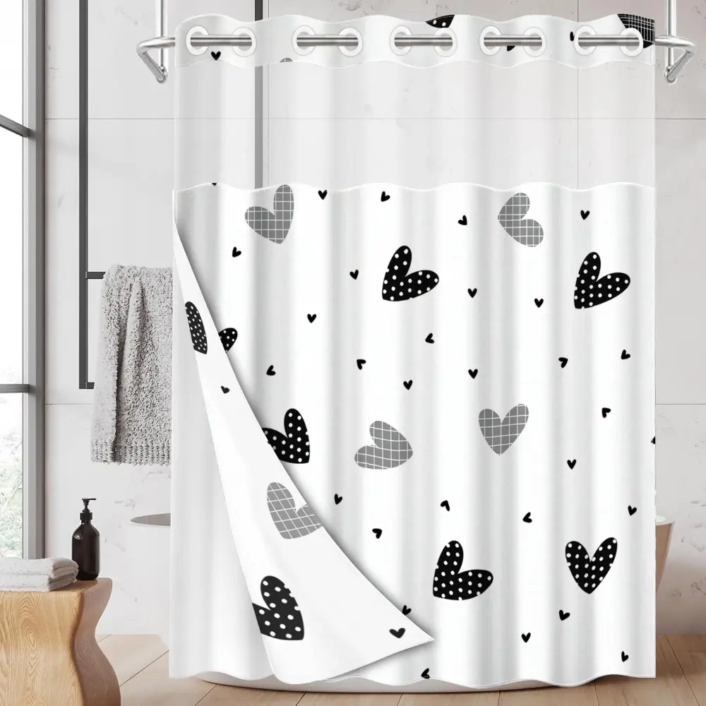 1pc hookless shower curtain with buckle lining, black and white heart polka dot design, 2D printing, fabric waterproof lining, see-through double-layer, 71 x 74 inches, modern home curtain, Printed Shower Curtain, Bathroom Decor, Shower Curtain Liner