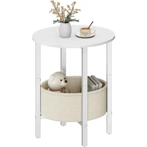 Round Side Table End Table with Storage Basket, Small Side Table Round Nightstand for Small Spaces, Tall Oval End Table with Steel Frame, Coffee Bedside Table for Living Room Bedroom, White