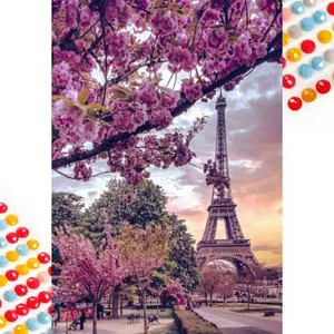 5D DIY Full Drill Round Diamond Painting - Diamond Art Painting Kit Cherry Blossom Eiffel Tower Mosaic, Canvas - DIY Decorative Painting, Home Wall Decor, Suitable for Halloween and Christmas, Birthday and Anniversary Gifts, Diamond Painting Kits