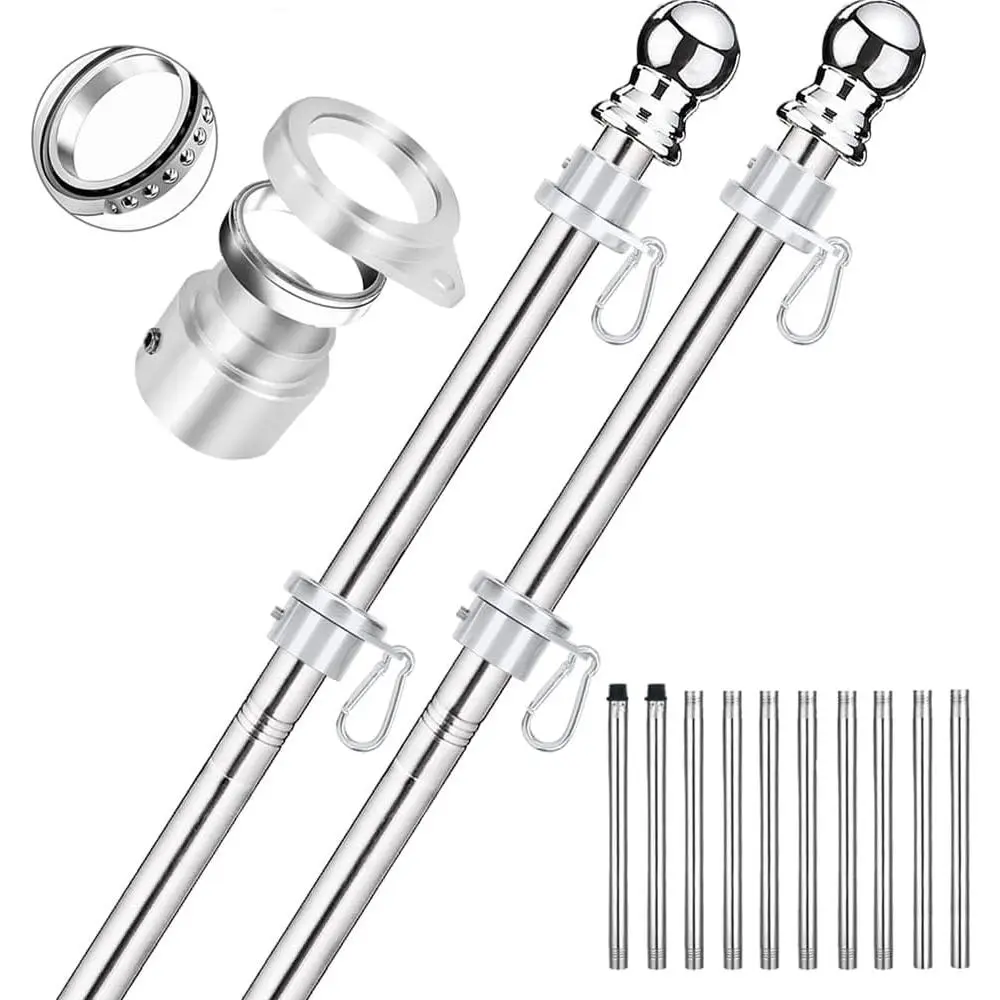 2 Pack No Tangle Flag Pole Kit, 6ft Flag Poles with Tangle Free  Flag Rings, Stainless Steel 1" Flag Pole for Outside House, Outdoor  Flagpole(6 FT, 10 Sections, No Bracket)