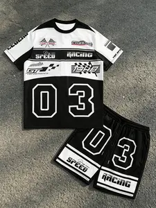 American Racing Style Set, Patchwork Short Sleeve + Drawstring Shorts, Racing Speed Print, Casual Fitted Suit, Unisex