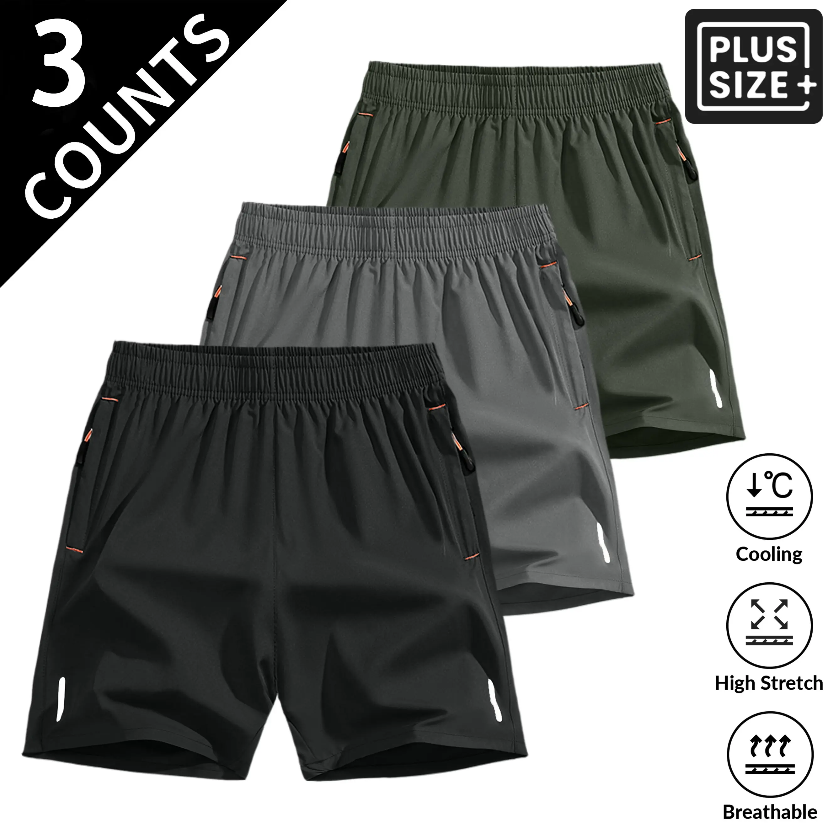 Plus Size Men’s 3 Pack Lightweight Soft Fabric Shorts with Zipper Pockets and Drawstring Elastic Waist — Suitable for Daily Commuting, Sports, and Casual Wear