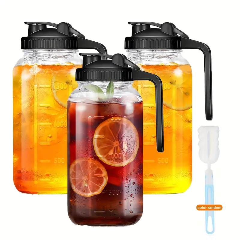 3pcs, Glass Pitchers With Handle Lid, Wide Mouth Glass Mason Jar Pitcher, 64oz 2 Quart Heavy Duty Glass Pitcher With Lid And Spout For Cold Brewed Tea, Juice, Coffee, Milk, Dishwasher Safe With A Sponge Brush For Cleaning 10.24x4.25in