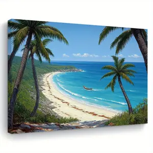 2D Flat 1 Piece Tropical Paradise Canvas Art - Vivid Beach Landscape with Palm Trees, Clear Blue Waters, and Soft Waves, Suitable for Living Room, Bedroom, Kitchen, or Office Wall Decoration, Perfect for Her or Him, Indoor/Outdoor Use, Indoor Wall Art| Tr