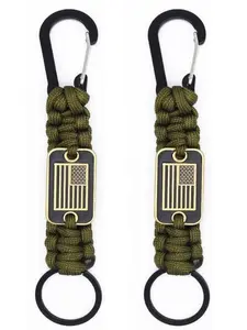 2 Pack US Flag Paracord Keychain, Tactical Carabiner Key Ring for EDC Camping Hiking, Gift for Him