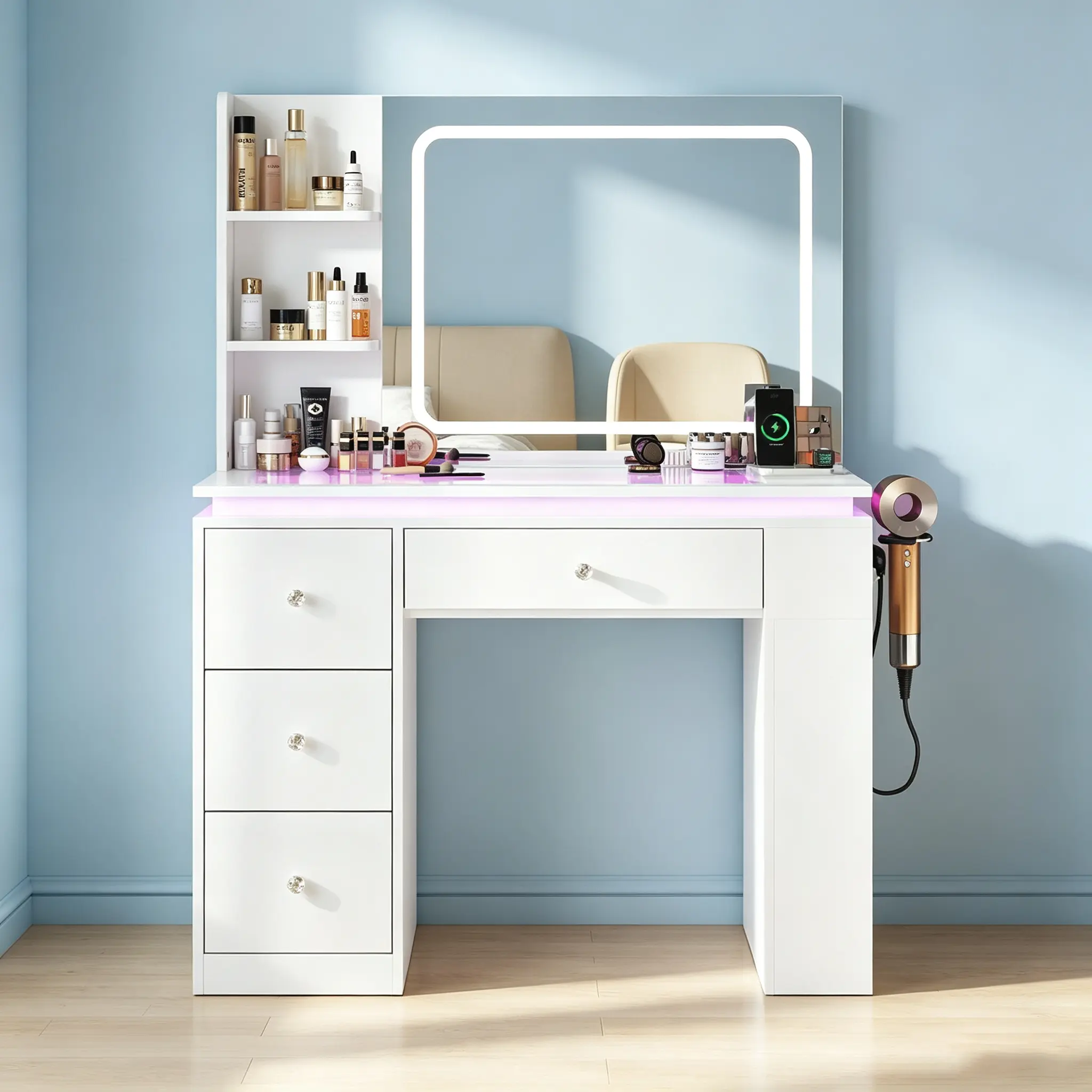 CollaredEagle Sturdy Wood Vanity Makeup Desk with Glass Top, LED Mirror, Adjustable Lighting, RGB Storage Drawers, Power Outlet & Large Capacity Storage Organizer, Dressing Chair Included for Bedroom