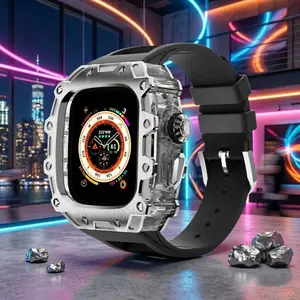 Clear Metal Case Band for Ultra 2 49mm – Protective Fluoro Rubber iWatch Strap for Outdoor Sport Daily Wear