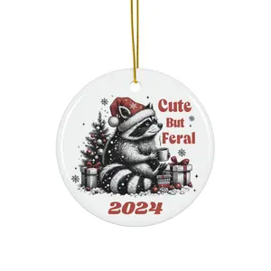 Cute but Feral Funny Raccoon 2024 Round Ceramic Glossy Christmas Ornament Decor Gift Tree Decoration