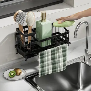 Kitchen sink sponge rack - self draining sink rack with brush and cloth holder, stainless steel kitchen countertop storage rack - black Basket Bowl
