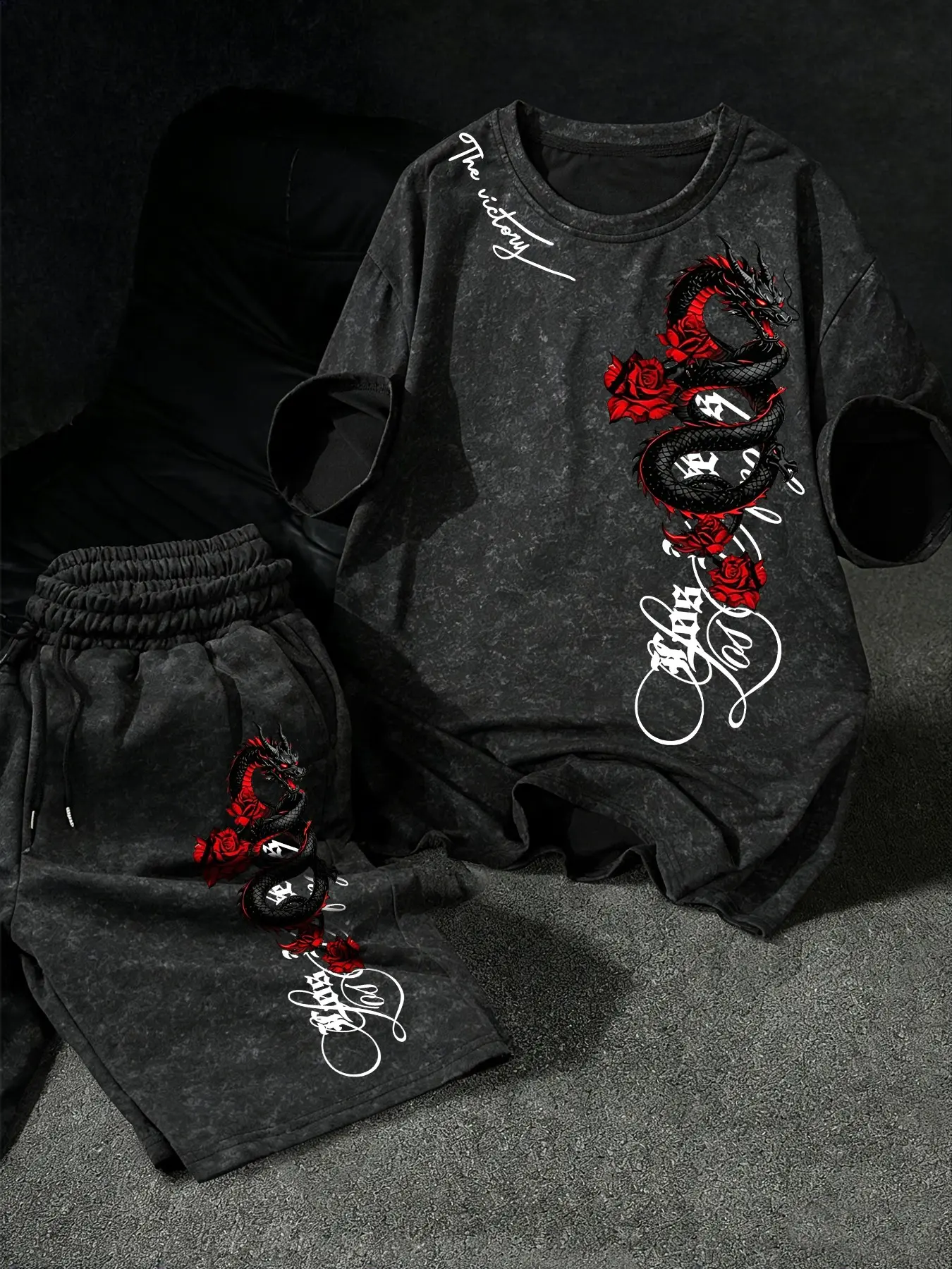 American Vintage Washed Dragon Rose Print Short Sleeve Set, Dark Street Stylish Tee + Shorts Two-Piece Matching Set for Men, Menswear, Street Style Streetwear, Casual Clothing Set