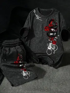 American Vintage Washed Dragon Rose Print Short Sleeve Set, Dark Street Tee + Shorts Two-Piece Matching Set for Men, Menswear Casual Street Style Streetwear