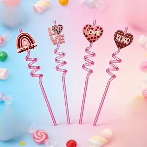 Heart Spiral Straw Cute Heart Pattern Reusable Plastic Straws for Parties Couple Water Cup Decoration
