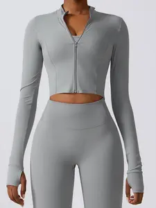 Women's Solid Zip Up High Neck Sports Crop Jacket, Quick Drying Sweat Wicking Breathable Long Sleeve Zip Front Outerwear for Yoga Gym Tennis Pickleball, Ladies Sportswear Clothing for All Seasons Yoga Jacket Top