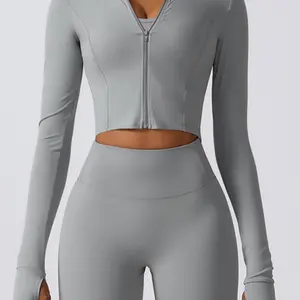 Women's Solid Zip Up High Neck Sports Crop Jacket, Quick Drying Long Sleeve Zip Front Outerwear for Yoga Gym Tennis Pickleball, Ladies Sportswear Clothing for All Seasons