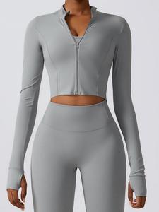 women's solid zip up high neck sports crop jacket, quick drying long sleeve zip front outerwear for yoga gym tennis pickleball, ladies sportswear clothing for all seasons