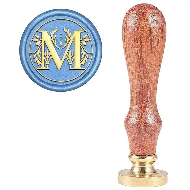 Wax Seal Stamp with Wooden Handle, Vintage Alphabet Pattern Brass Head Round Stamp for Sealing Envelope, Wedding Invitation & Greeting Card, DIY Craft