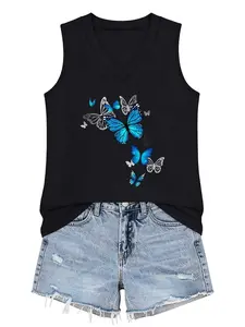 Butterfly Graphic  Printed Women's V-Neck Sleeveless Top, Casual Fitted Short Shirt, Comfortable Fabric for Daily Wear, Womenswear, Available in 6 Colors, Casual Tank Top