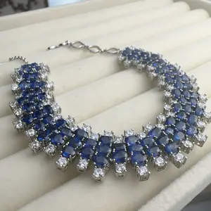 <PingEast jewelry > LBSSL2-10--925 Silver 3-Row Bracelet set with 80 Natural Sri Lankan Royal Blue Sapphires (3x4mm), OT Clasp – Comes with Certificate