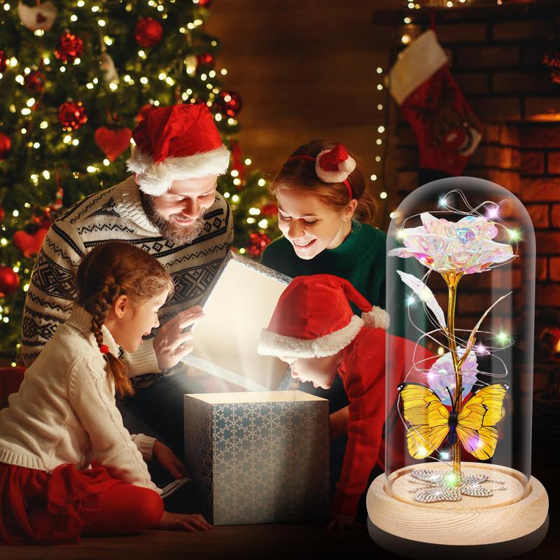 DEEMEI Birthday Gifts for Women Eternal Flower Light Up Galaxy Rose in Glass Dome with Butterfly Valentines Day Gifts for Her Mom Girlfriend Daughter