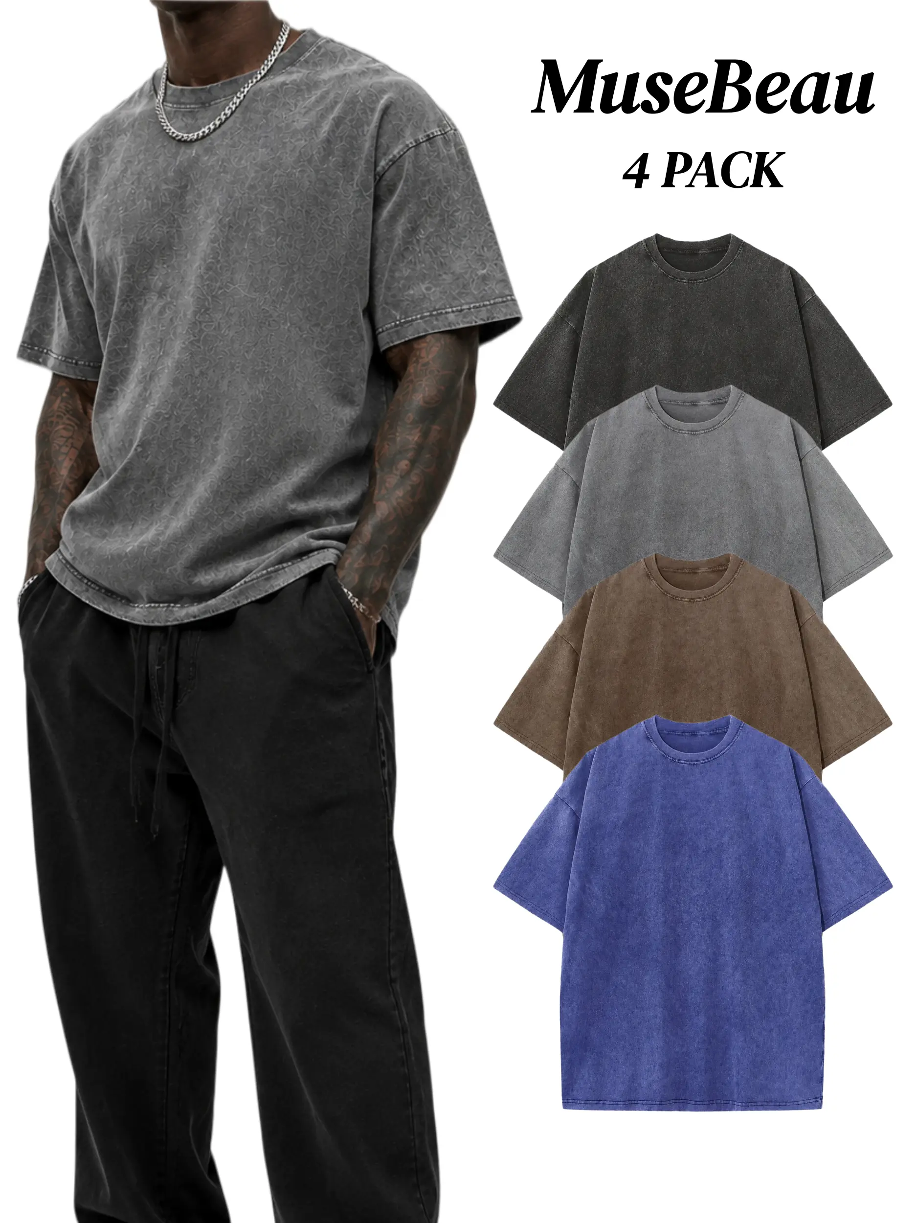 Men's 4-Pack Oversized 240g Pure Cotton Short-Sleeve T-Shirts - Unisex Baggy Plain Foldable Clothes, Acid Wash Loose-Fit Retro Streetwear, Soft Breathable Heavyweight Tops for Everyday Wear, Gym