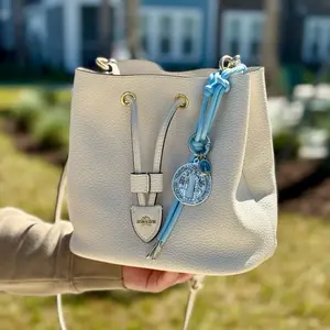 Elegant Faith Bag Charm – Baby Blue or Red Saint Benedict & Carmen Pendant