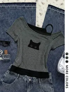 Women's Y2K Style Slim Fit Printed Top, Womenswear Casual Streetwear Fashion Shoulder-Exposed Short Sleeve T-Shirt, Cute Cat Print Two-Piece Design, Strap & Tie Details