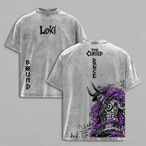Loki Washed Tee – One Piecee Anime Elbaf Giant Prince Manga Graphic Double Printed T-Shirt, Menswear Heavy Cotton Unisex Oversize Streetwear Vintage Anime Tee